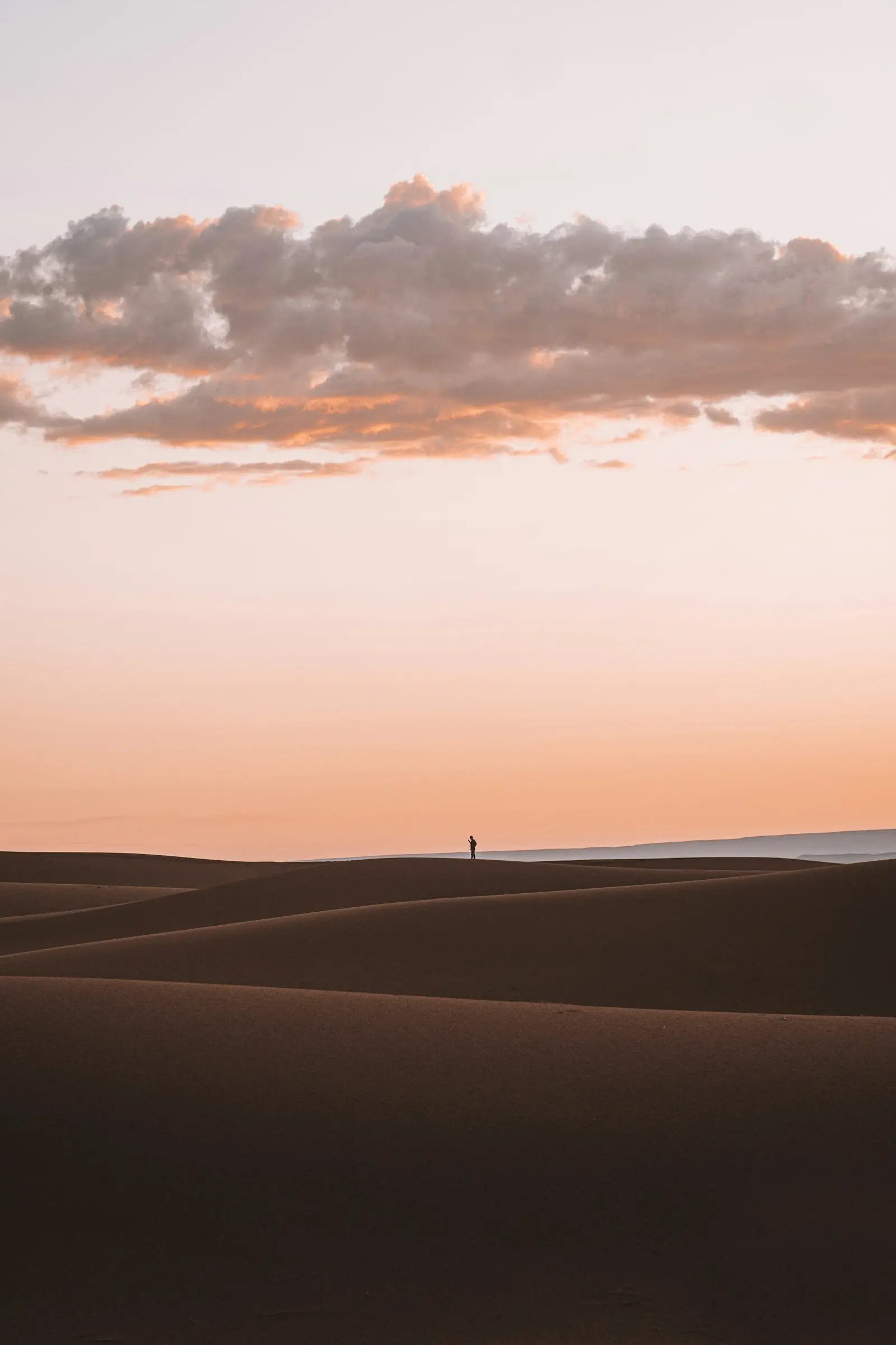Au lever du jour, une personne seule se tient debout sur la crête d'une dune, minuscule dans un désert immense.